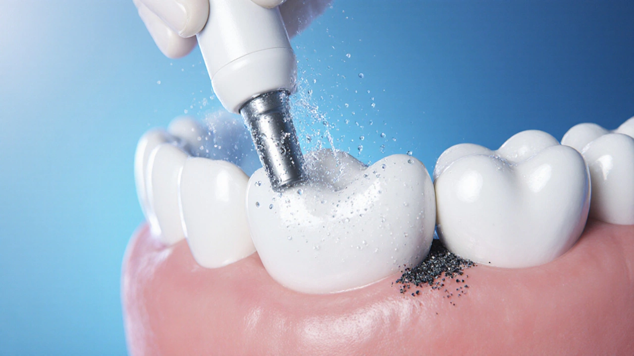 Dentista používá ultrazvukový skalér k odstranění kamene z poddásní.