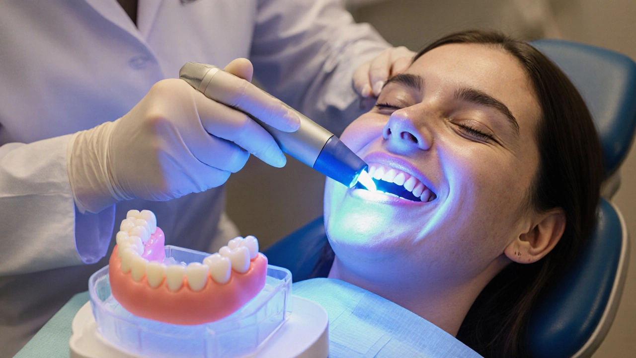 Dentista provádí LED bělení zubů, pacient má zářivý úsměv a keramickou korunku.