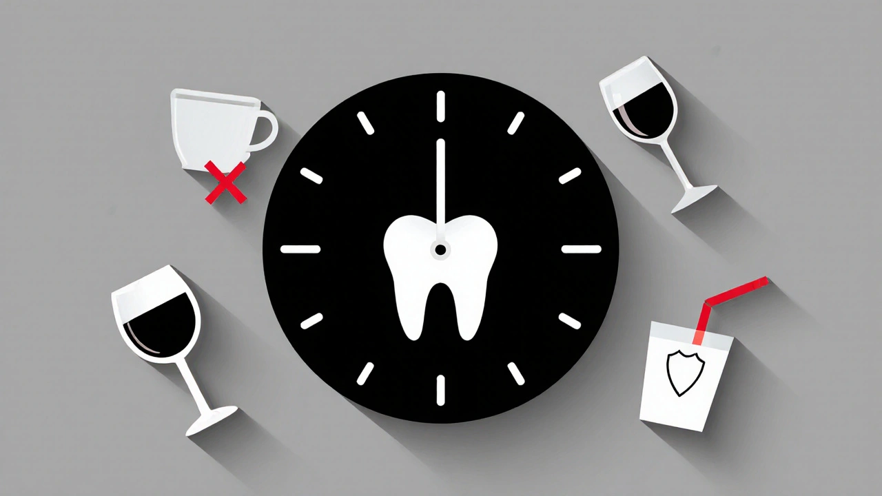 Hodiny ukazují 48 hodin, kolem nich jsou ikony zakázaných potravin, slámky a zubního kartáčku, uprostřed bílé zuby.