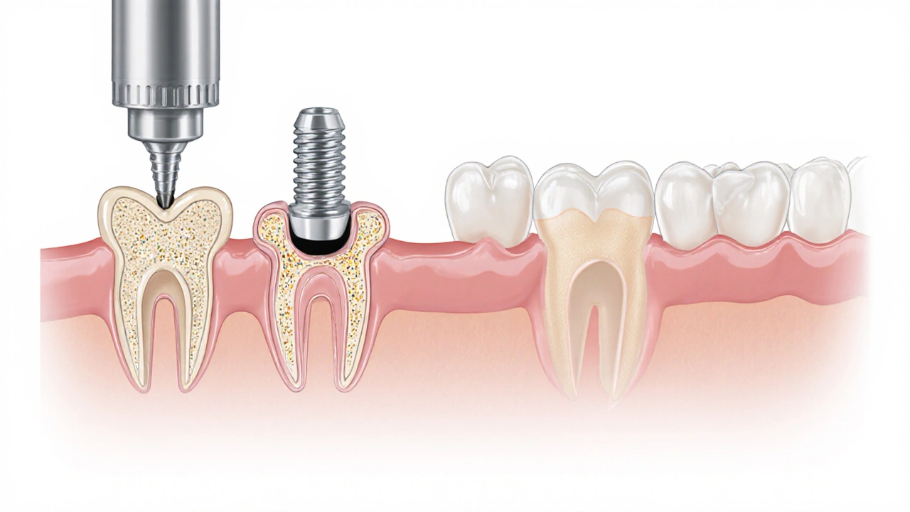 Ilustrace ukazující postup implantace: vrtání, implantát, abutment a korunka.