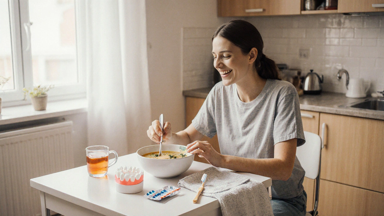 Klidná pacientka doma s polévkou, ledovým obkladem a léky.