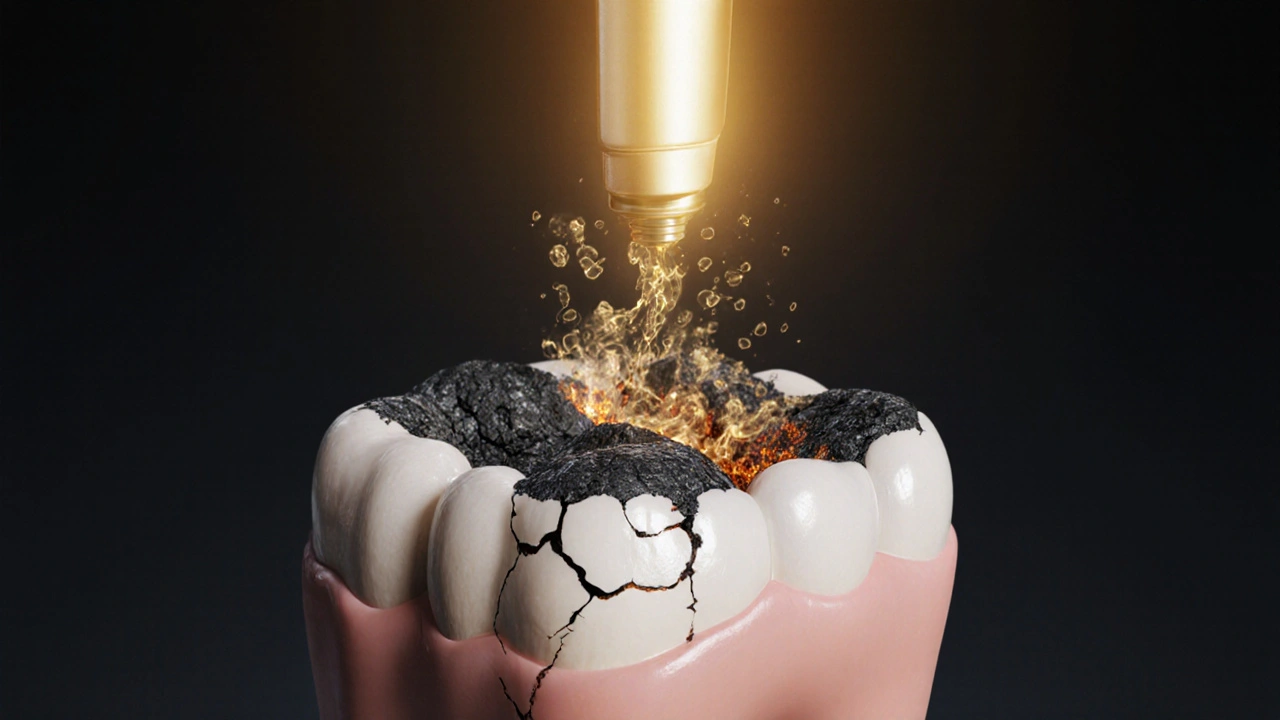 Konceptuální obrázek zubu s kámenem a bakteriemi ničícími kost, osvětlený léčebným světlem.