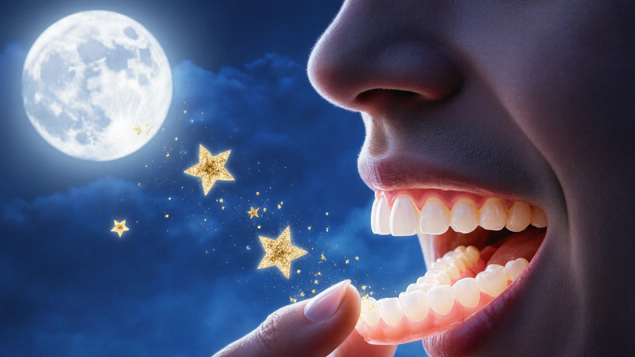 Osoba odstraňuje protézu večer, zatímco plak se rozptyluje jako zlaté částice.