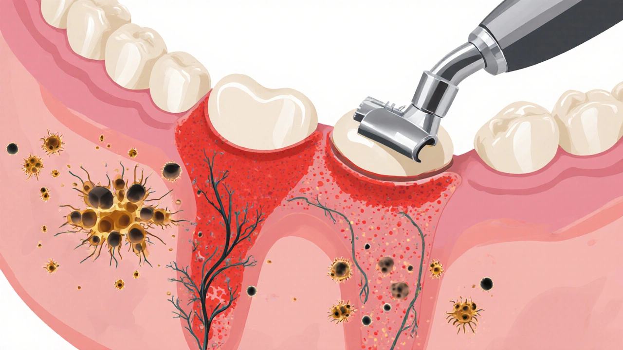 Příčný řez dásně pod protézou s zánětem a bakteriálními koloniemi.