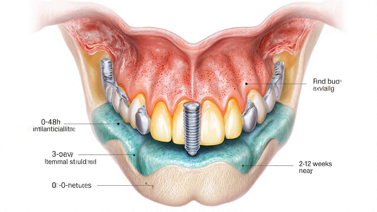 Řez kosti ukazuje fáze hojení implantátu s různými barvami.