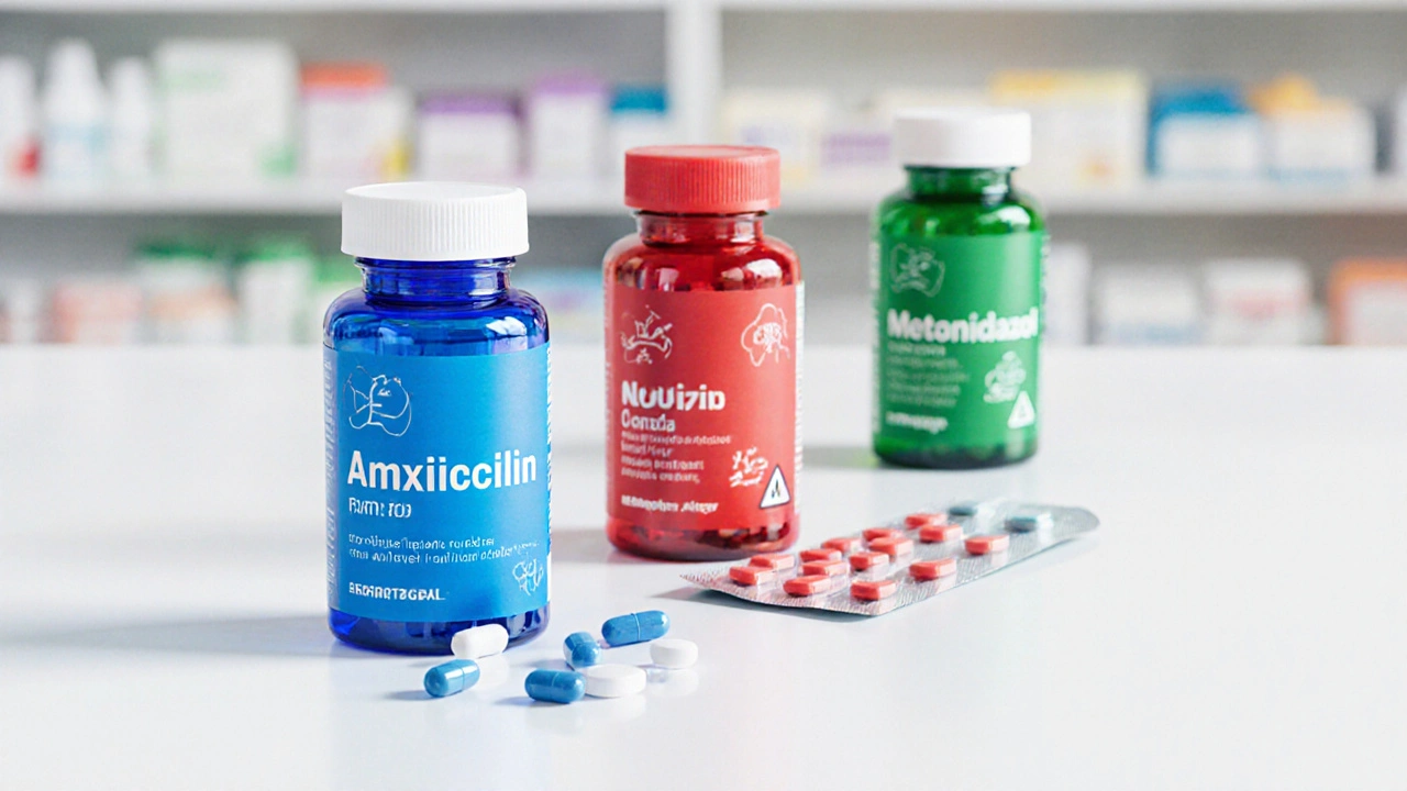 Tři lahvičky antibiotik – amoxicilin, klindamycin a metronidazol – uspořádané na lékárnickém pultu.