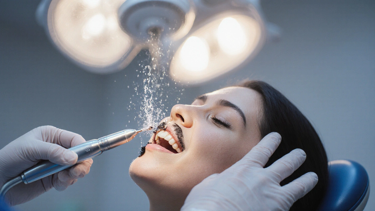 Zubní hygienistka odstraňuje zubní kámen ultrazvukovým přístrojem v klinice.