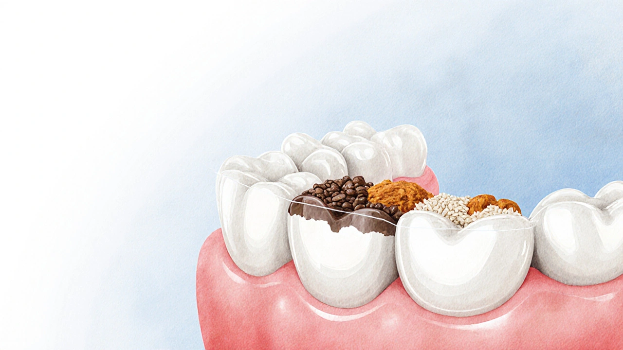 Zvětšený pohled na zuby jako pórovitou strukturu, kde světlé potraviny jsou na povrchu, zatímco tmavá barviva jsou blokována.