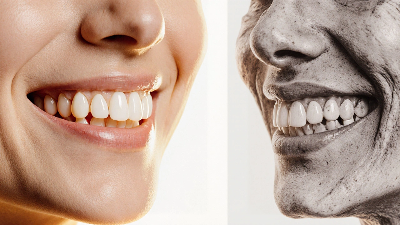 Before and after comparison of dental reconstruction showing bone loss and restored teeth.