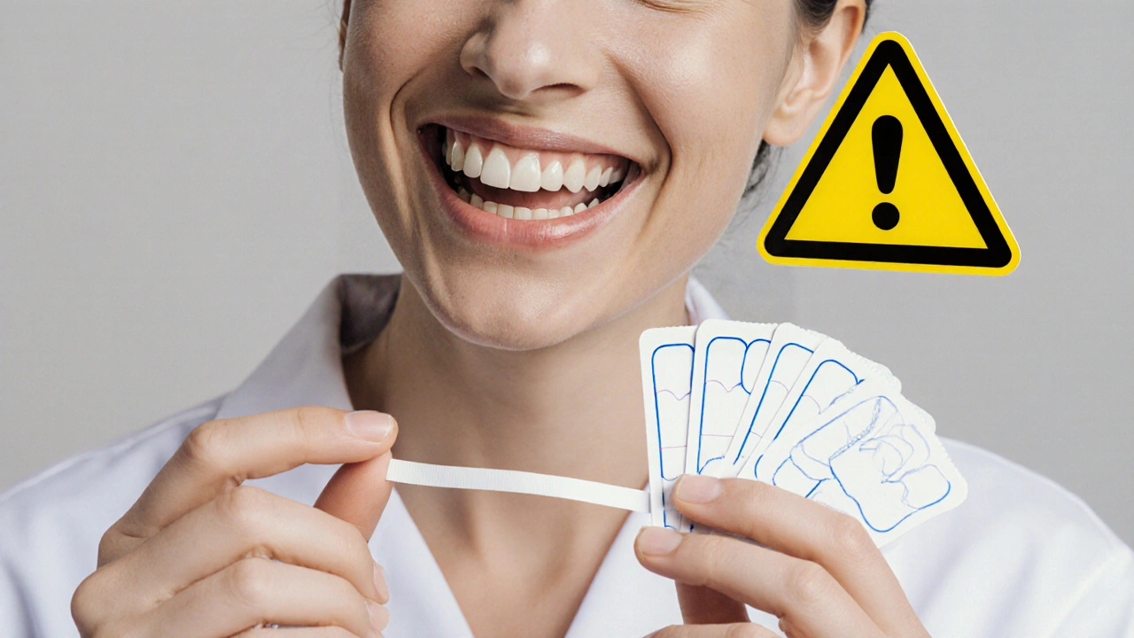 Bílé zuby vedle tmavých plomb a korunek s varovným symbolem.