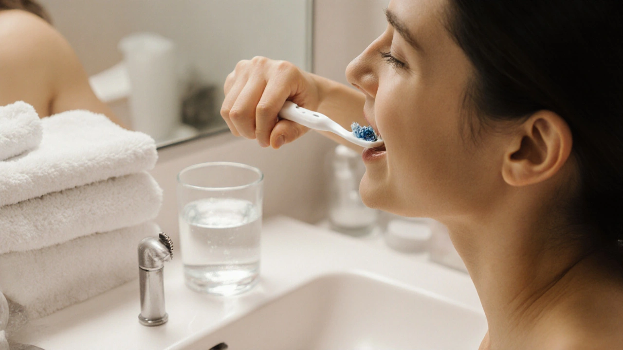 Čištění zubů jemným kartáčkem kolem implantátu bez přímého kontaktu.