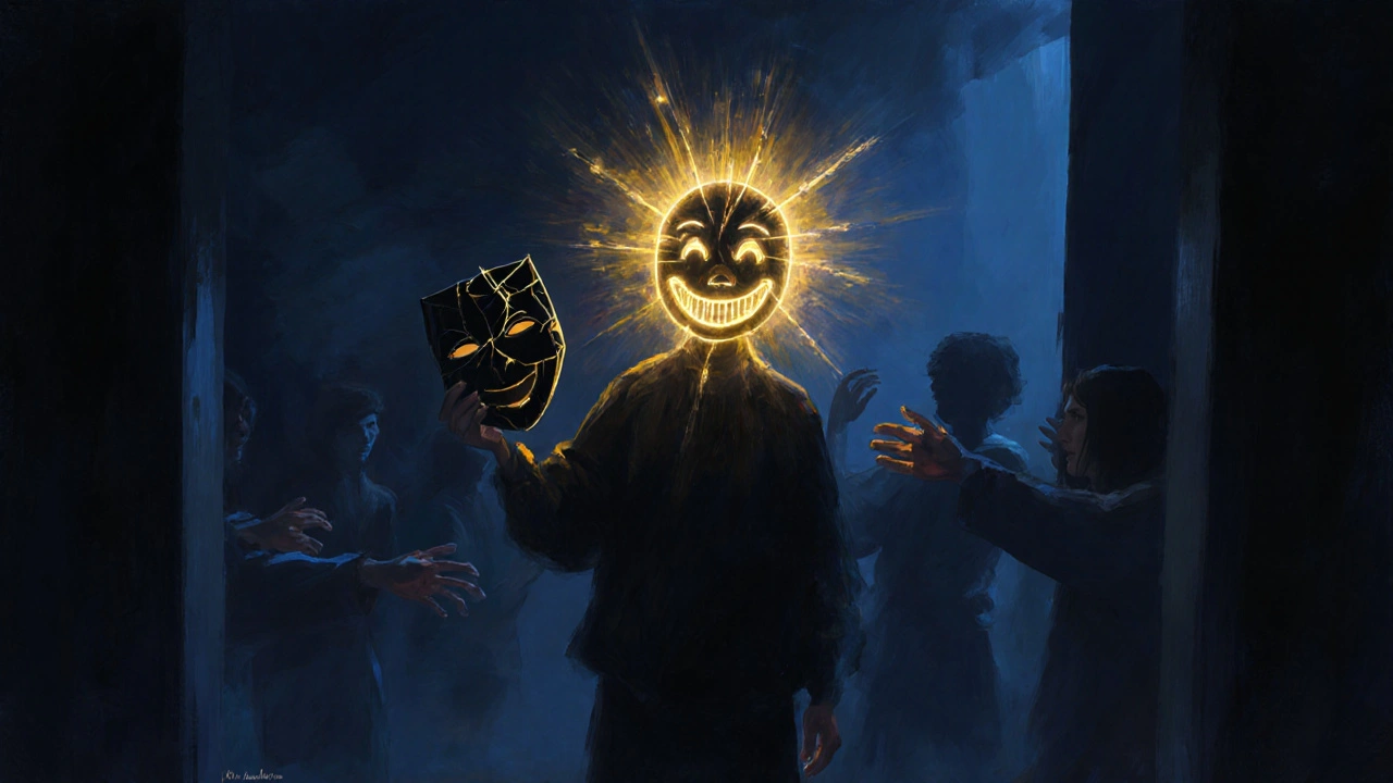 Člověk odhazuje masku úsměvu, jeho skutečný smích září světlem.