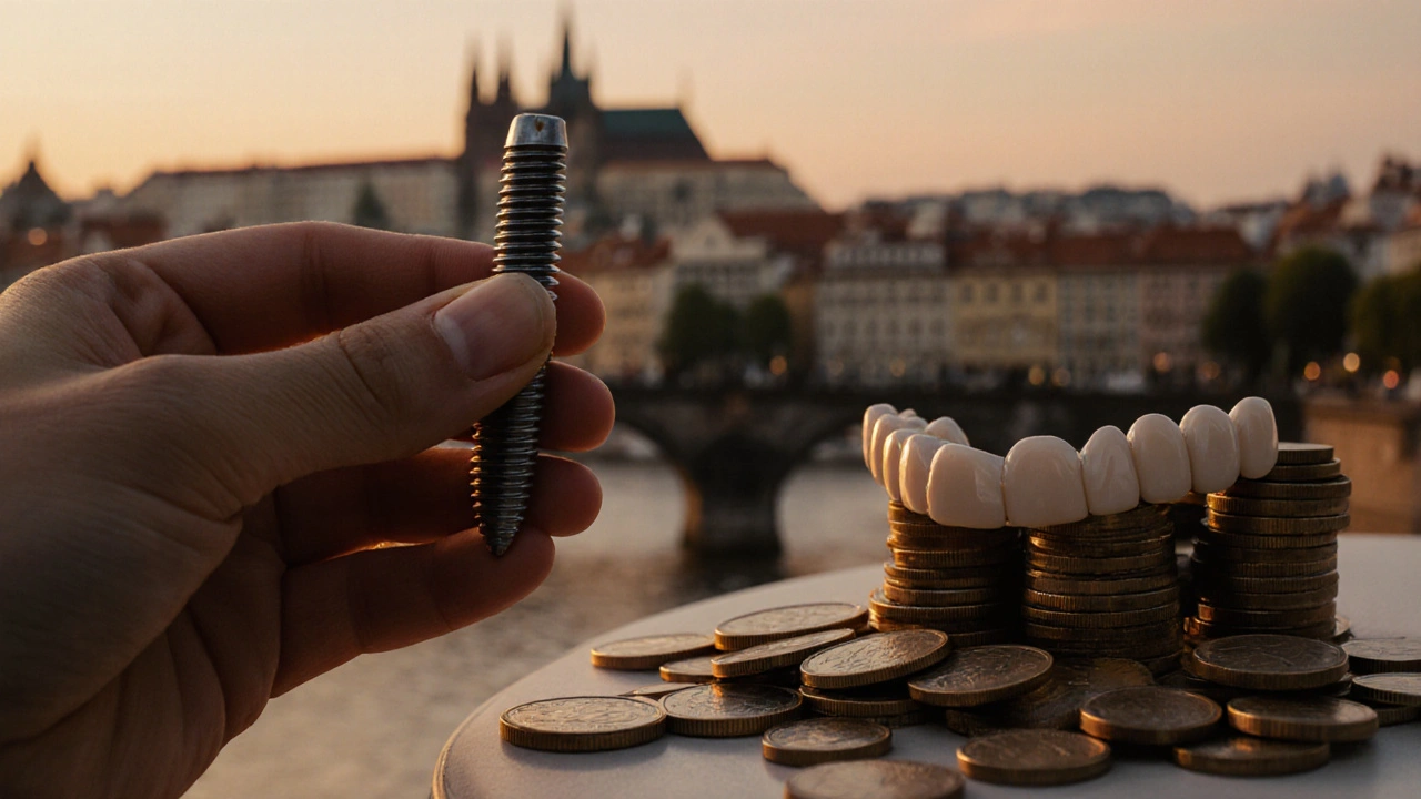 Dentalní implantát vedle mincí uspořádaných do tvaru úsměvu, symbolizující investici do zdraví.