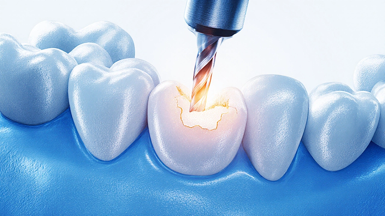 Dentista odstraňuje kaz z mezery mezi zuby a vyplňuje ho bílou plombou.