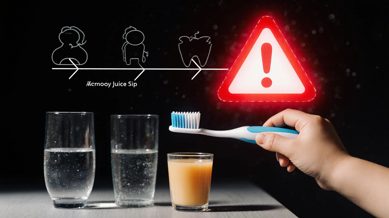 Dětská ruka drží kartáček a sklenici s ovocnou šťávou s varovným symbolem.