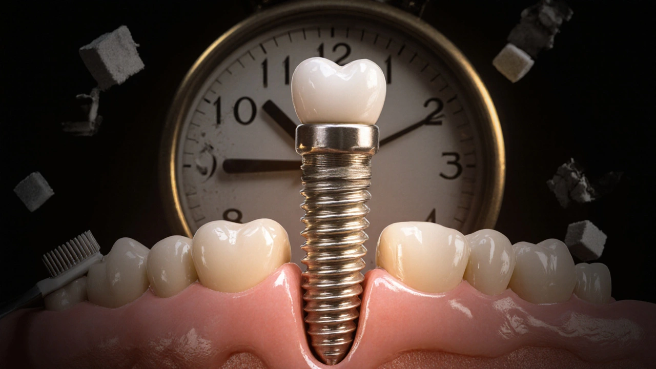 Dlouhodobě udržovaný zubní implantát s symbolickým hodinovým ciferníkem ukazujícím 25 let.