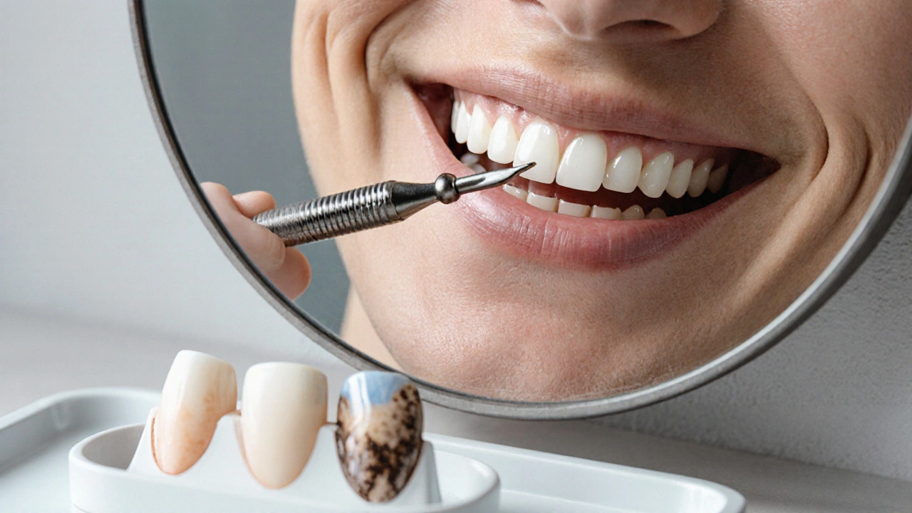Dospělý úsměv s tetracyklinovými skvrnami na zubech, vedle výplně a keramické vložky v zubním přístroji.