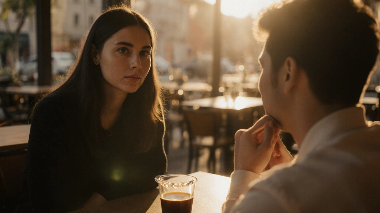 Dva lidé na prvním rande — jeden se směje, druhý se vyhýbá pohledu.