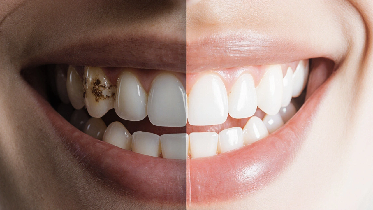 Dvě sady zubů: jedna poškozená a zbarvená, druhá s lesklými keramickými fazetami – symbol proměny.