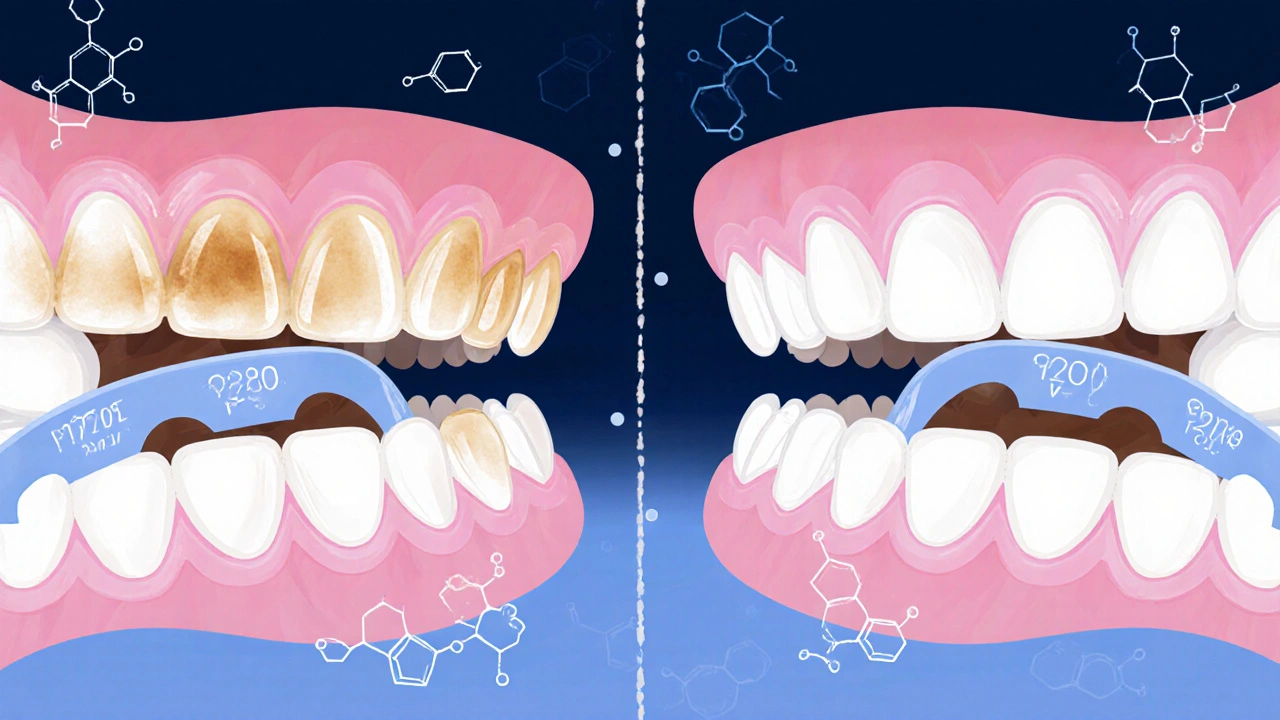 Dvě sady zubů: jedny žluté, druhé po bělení s rozkladem pigmentů.