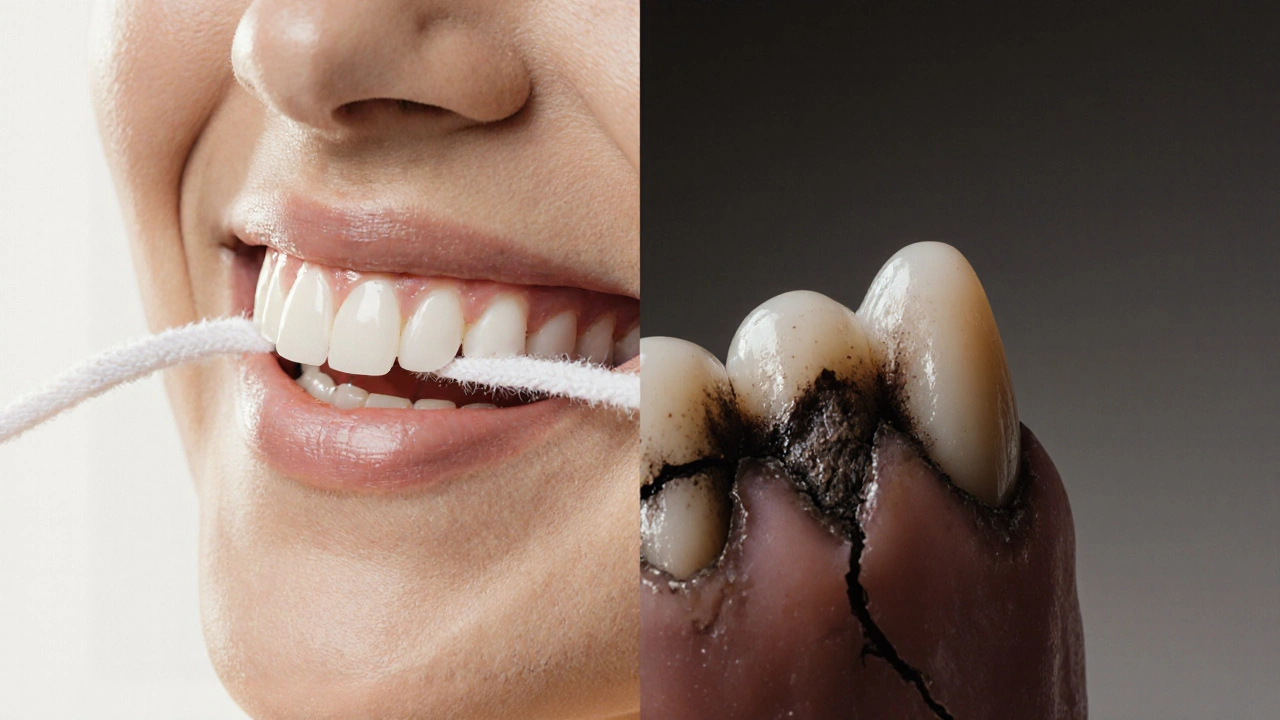 Dvě strany obrázku: zdravé zuby s nití a poškozený zub s kázem.