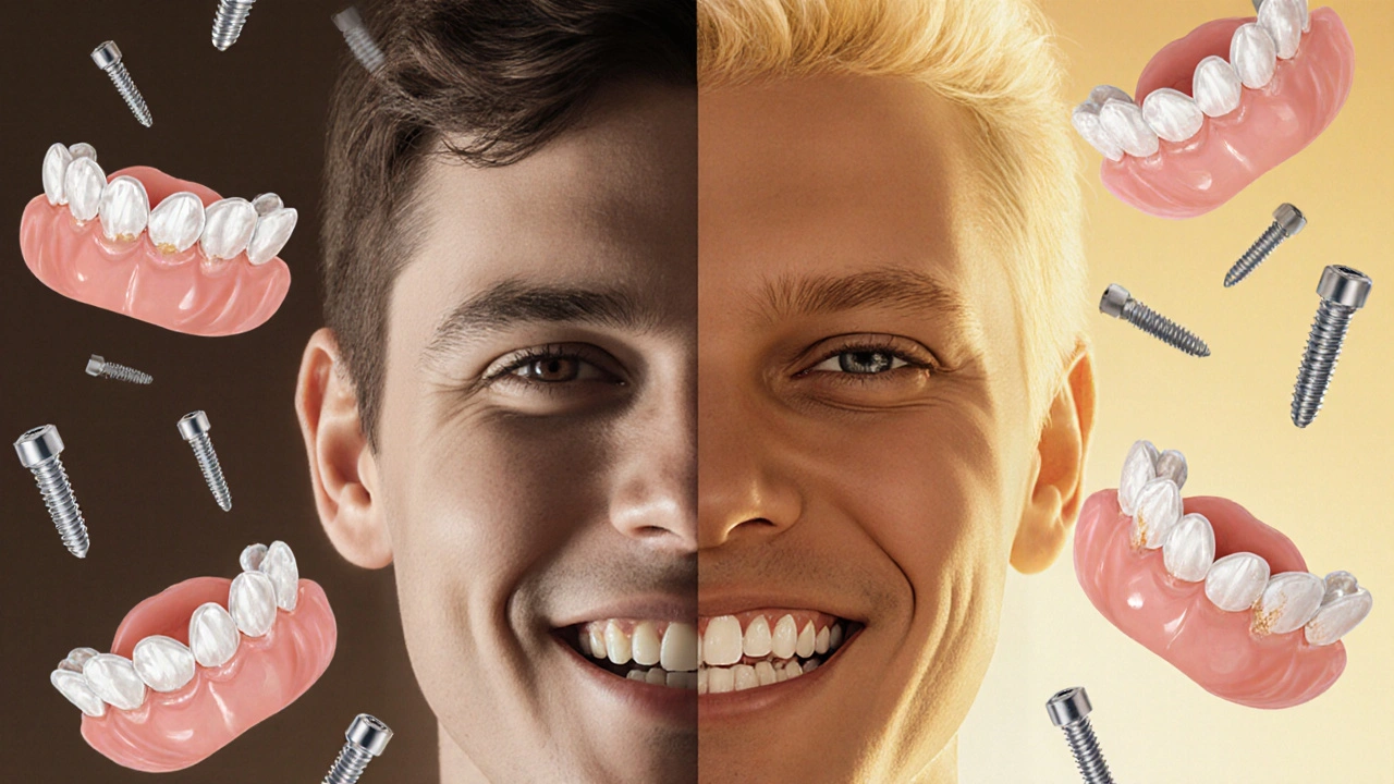 Dvoustranný portrét: jedna strana s poškozenými zuby, druhá s kompletními korunkami a implantáty.