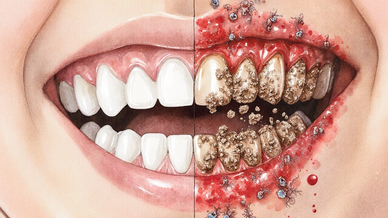 Ilustrace vývoje zubního kamene a zánětu dásní u dítěte.