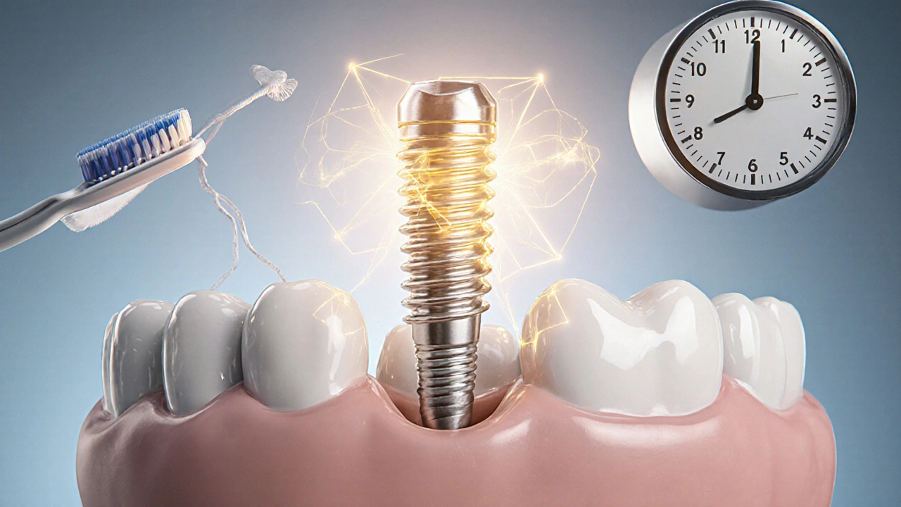 Implantát spojený s kostí, symbolizující dlouhodobé hojení a péči.