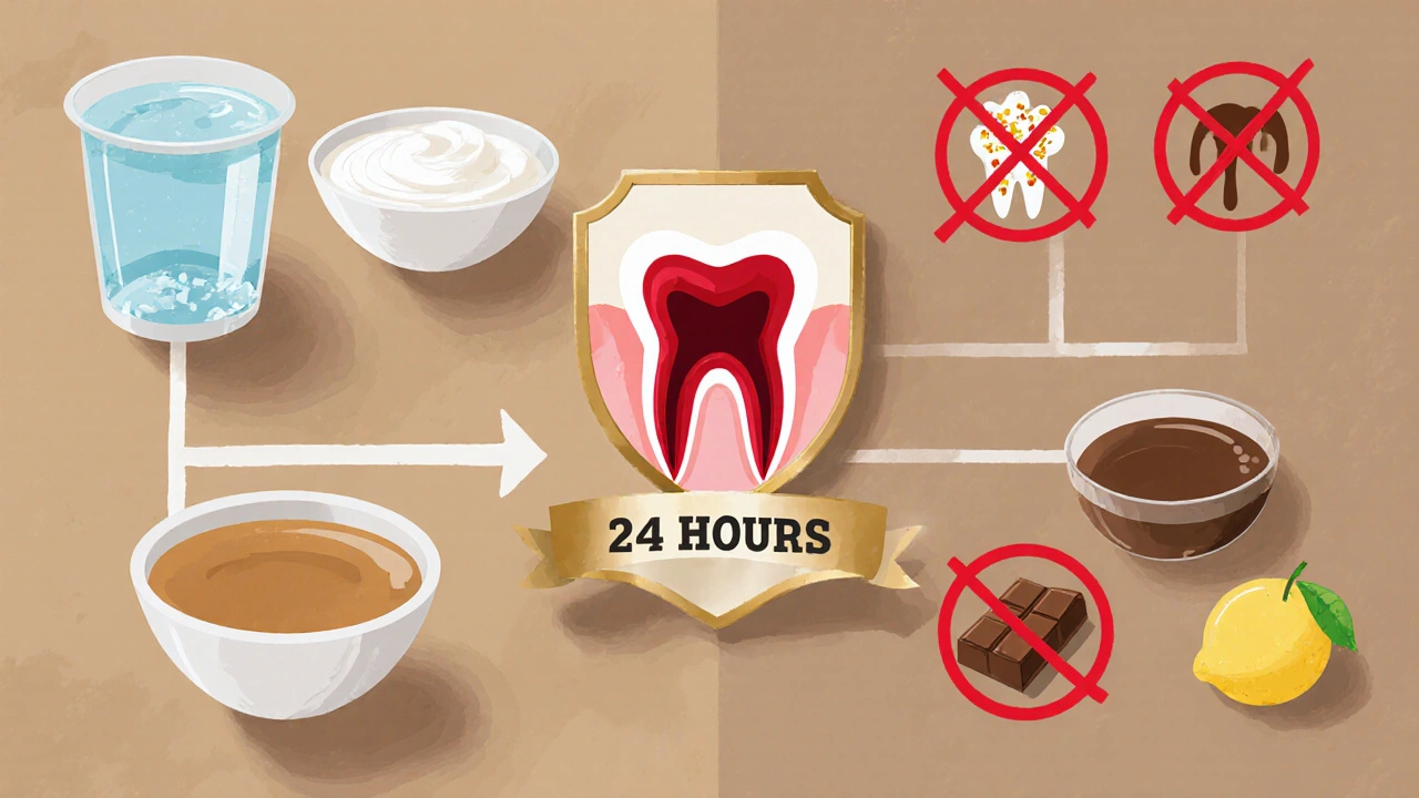 Koláž potravin pro první 24 hodin po vytržení zubu s zakázanými položkami přeškrtnutými.