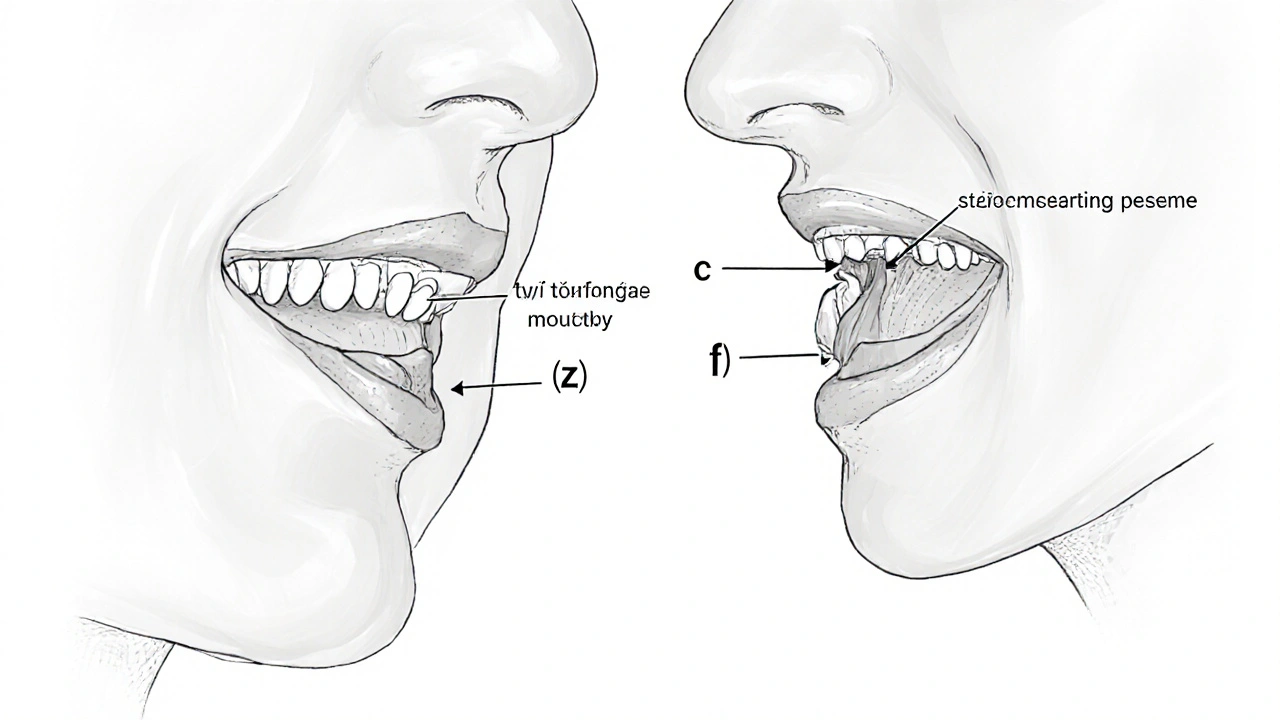 Křížový řez úst s ukázkou správného kontaktu jazyka a zubů pro české zvuky.