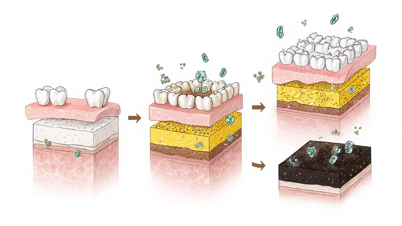 Krok za krokem tvorba zubního kamene pod dásní – od plaku k tvrdému kameni