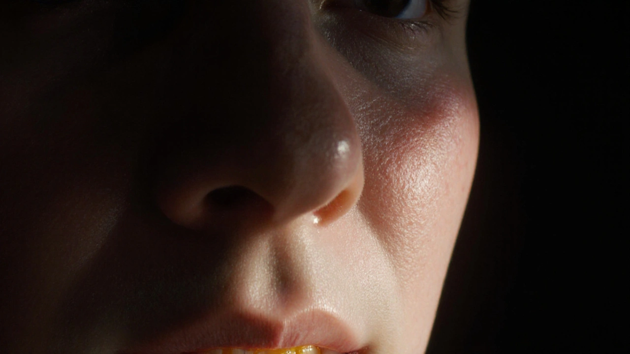 Lehký opuch tváře s ukrytou infekcí pod dásní, viditelný jen jako tmavý stín.