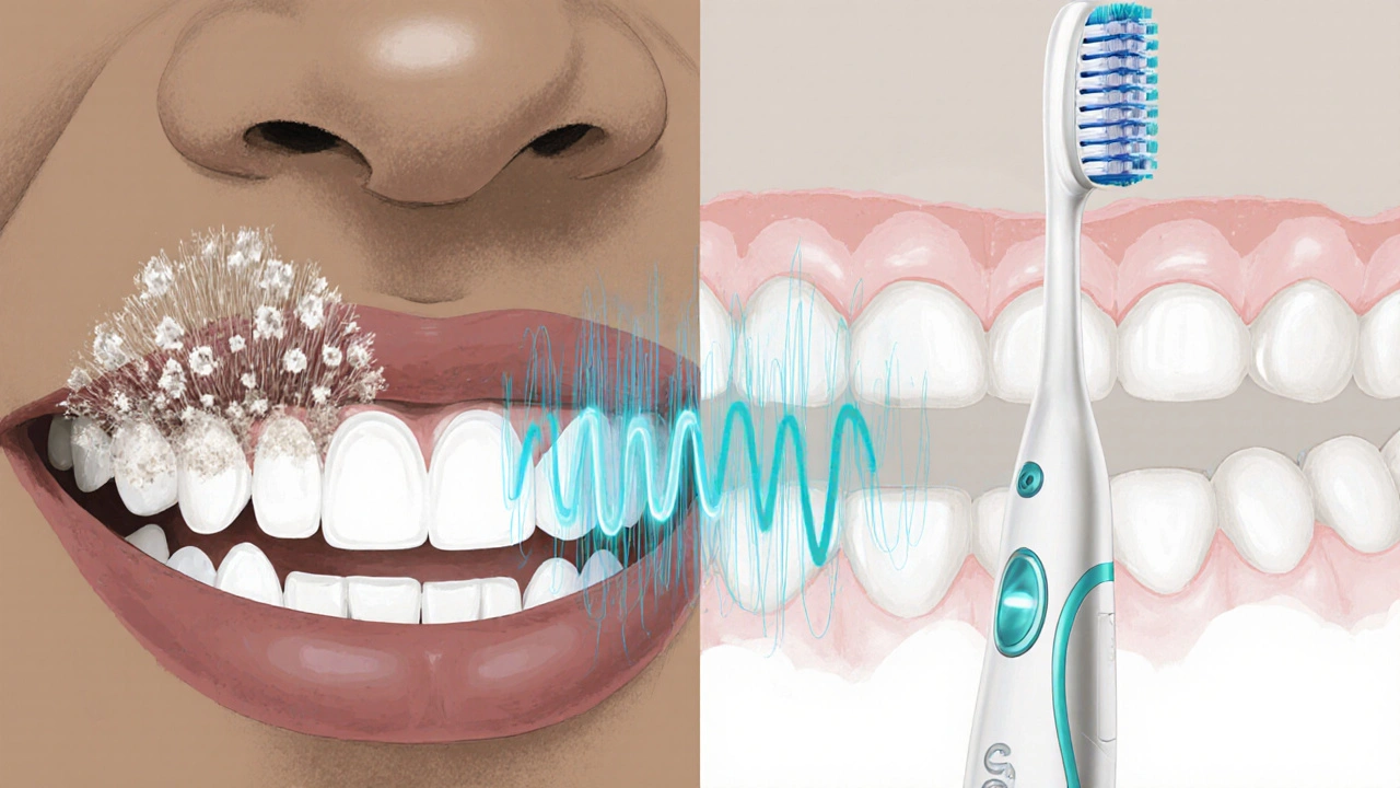 Porovnání klasického a sonického kartáčku: na jedné straně opotřebovaný kartáček a plak, na druhé čisté zuby s vlnami vibrací.