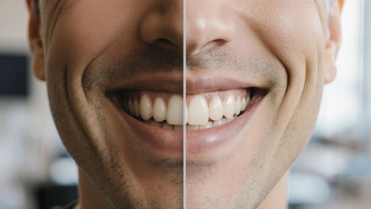 Před a po bělení zubů: tmavé zuby vlevo, jasné zuby vpravo v přirozeném osvětlení.