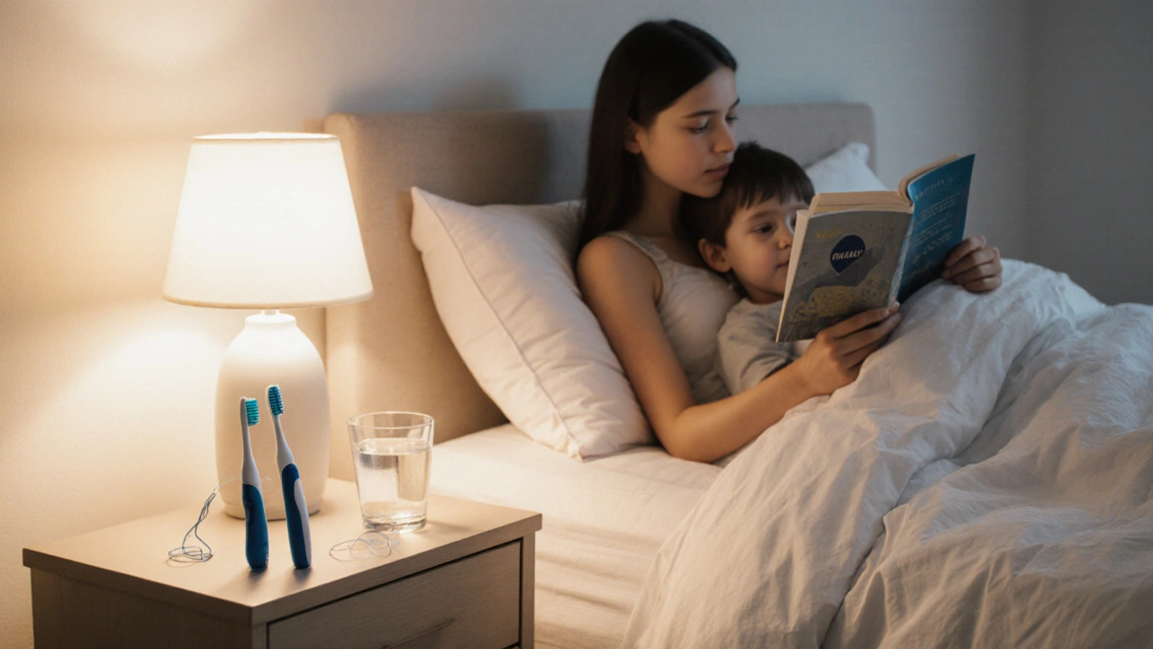 Rodič a dítě spolu čtou pohádku před spaním, na nočním stolku jsou kartáček a zubní nit.