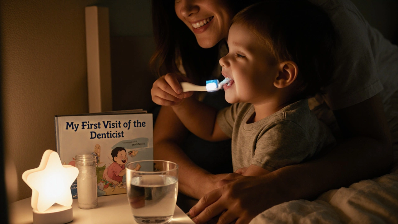 Rodič čistí zuby malému dítěti ve večerní světelné atmosféře doma, s malou noční lampou.