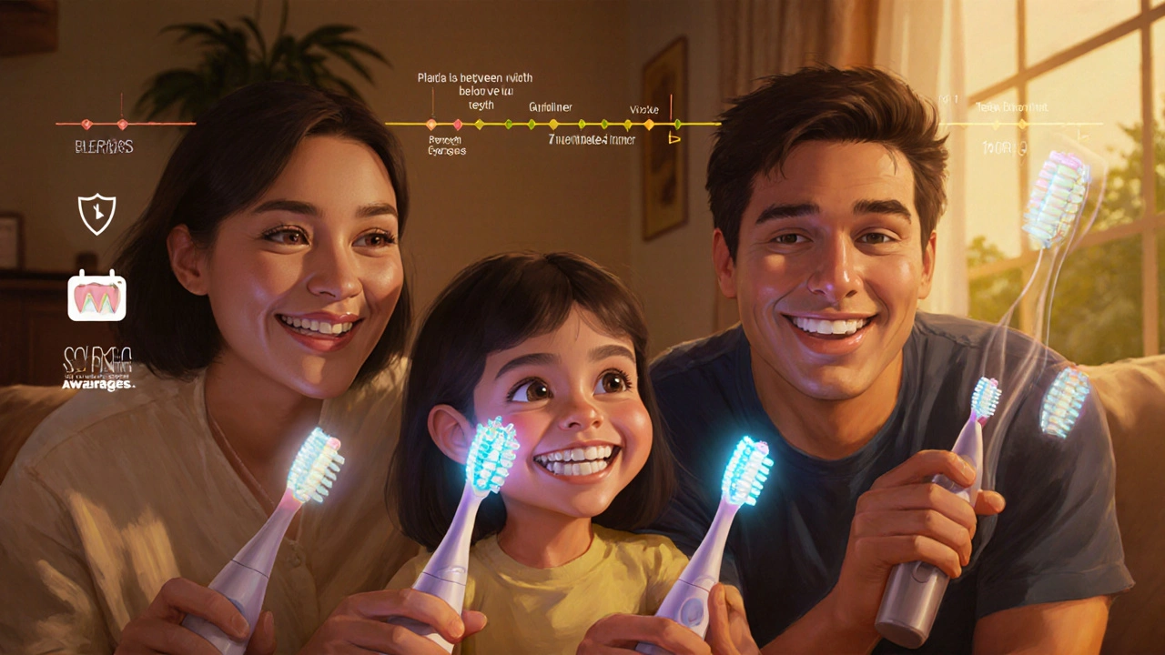 Rodina používá sonické kartáčky, zuby a dásně jsou zdravé, v pozadí viditelný pokrok zdraví úst během roku.