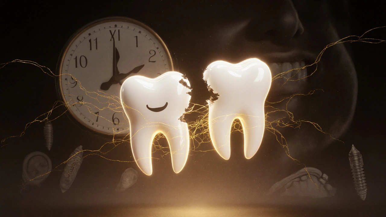 Rozbitý zub spojený zlatými vlákny s celým zubem, symbolizující záchranu.