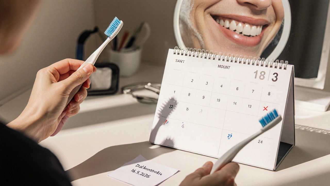 Ruce drží kartáček a mezizubní kartáček vedle kalendáře s daty kontrol.