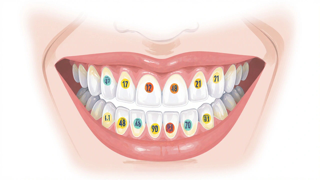 Schéma zubních oblouků s čísly FDI pro každý zub v čtyřech kvadrantech.