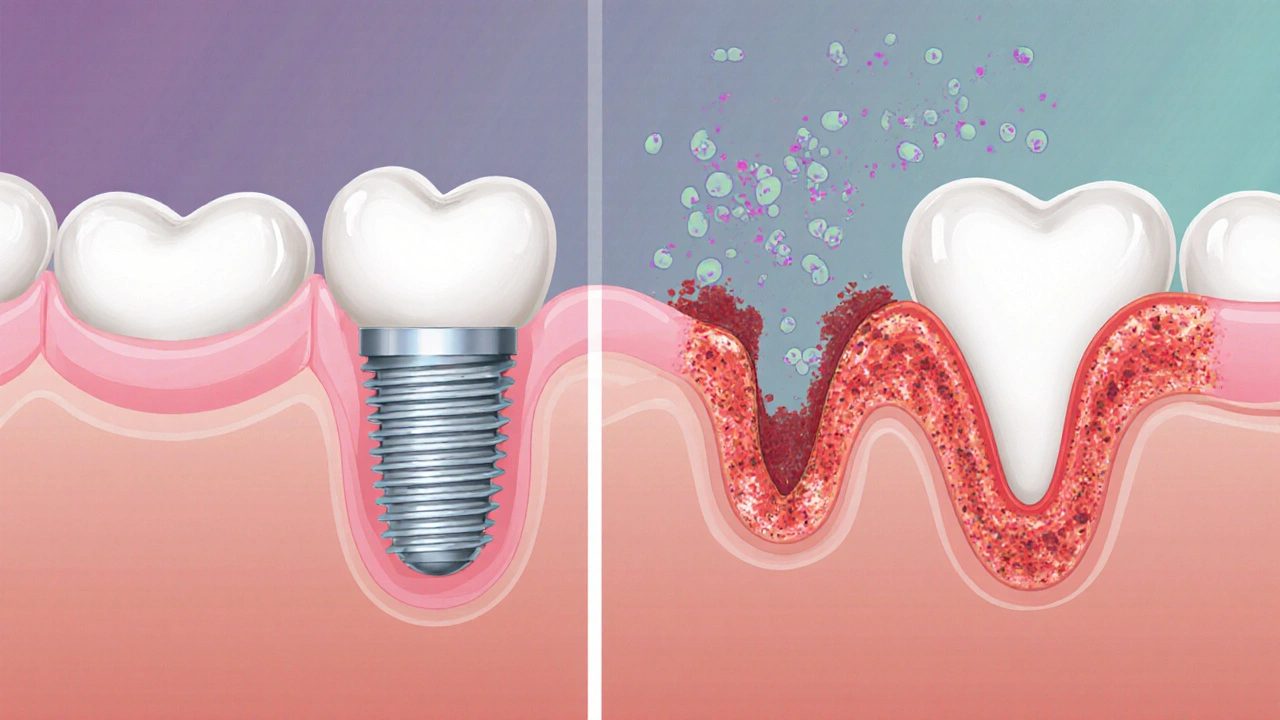 Srovnání zdravé a zánětlivé dásně kolem zubního implantátu s mikroskopickými bakteriemi.