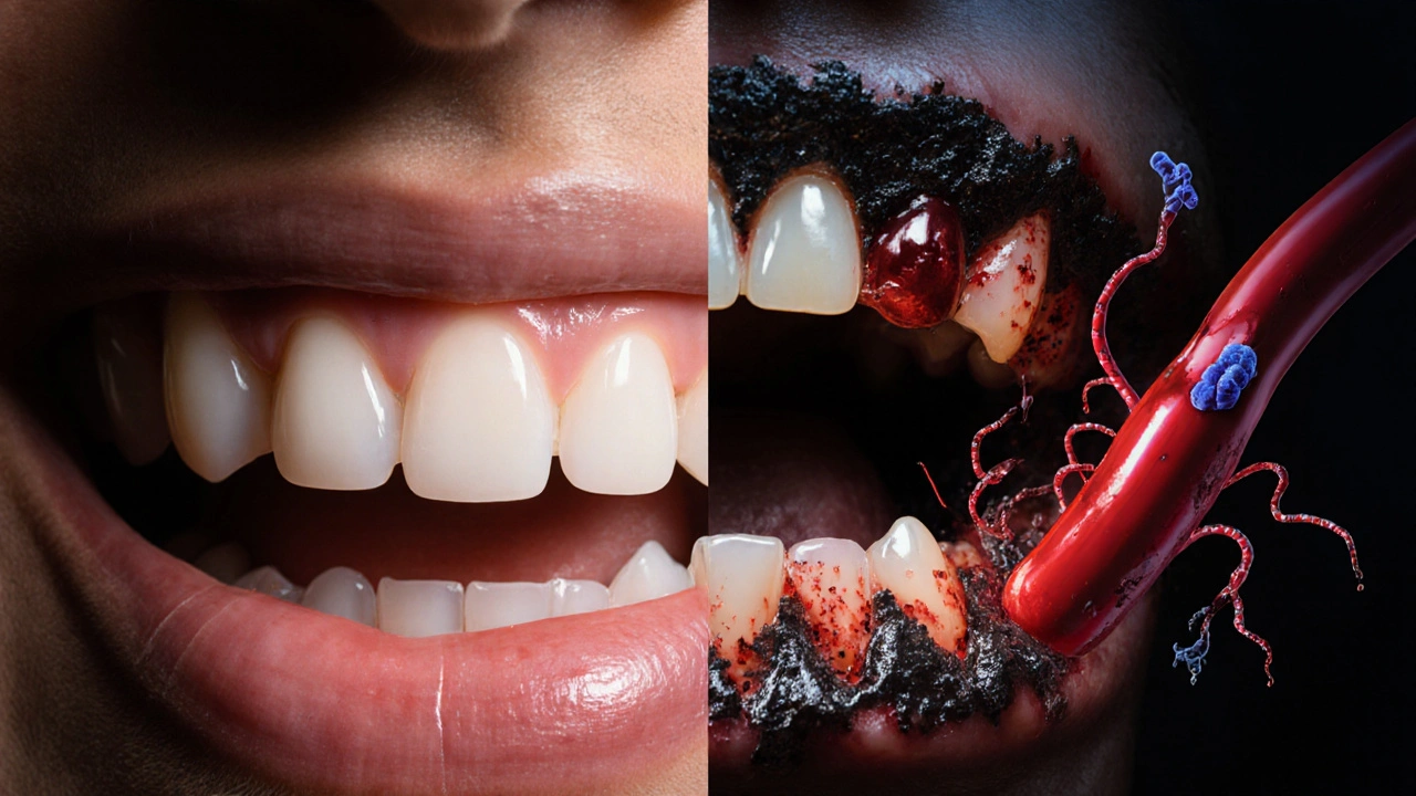 Srovnání zdravých a zánětlivých dásní s viditelným zubním kamenem.