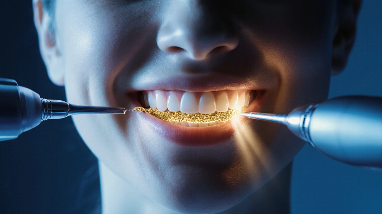 Symbolický obraz odstraňování zubního kamene pod dásní světlem a čistotou, při zachování úsměvu.