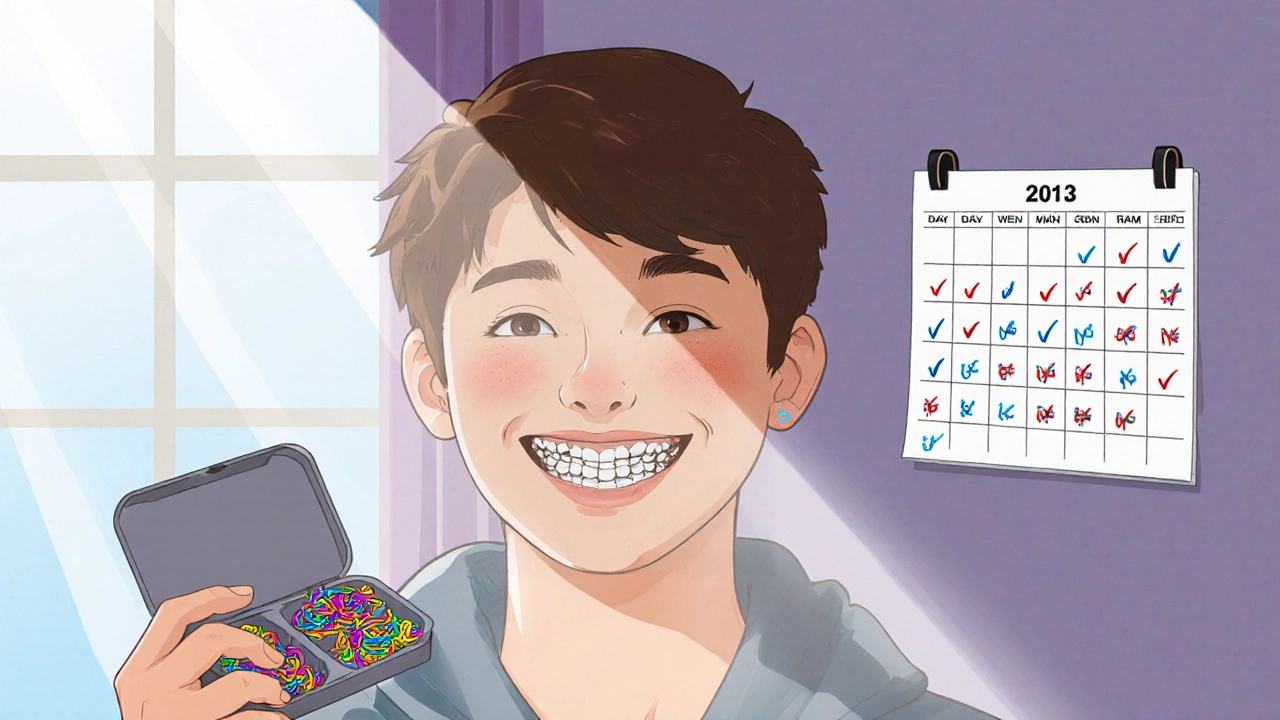 Teenager se dívá do zrcadla s rovnátky a krabičkou náhradních gumiček