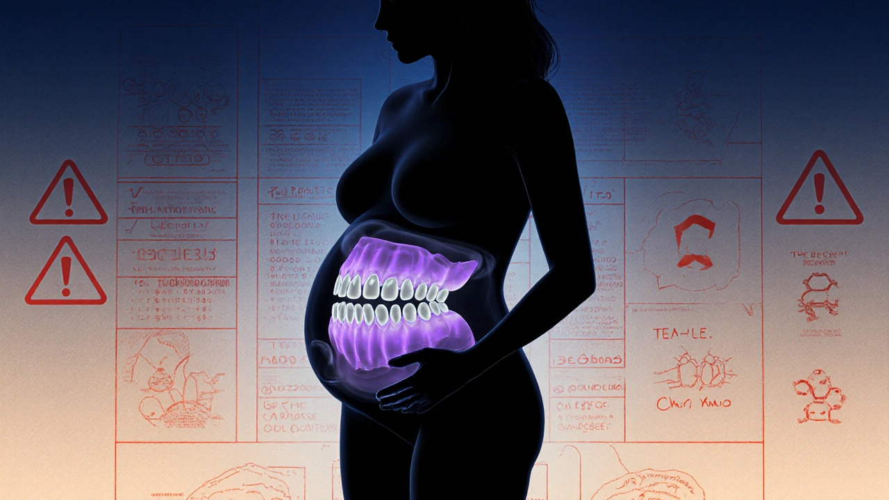 Těhotná žena s průhledným břichem, kde jsou vidět vyvíjející se zuby plodu s šedými a fialovými skvrnami.