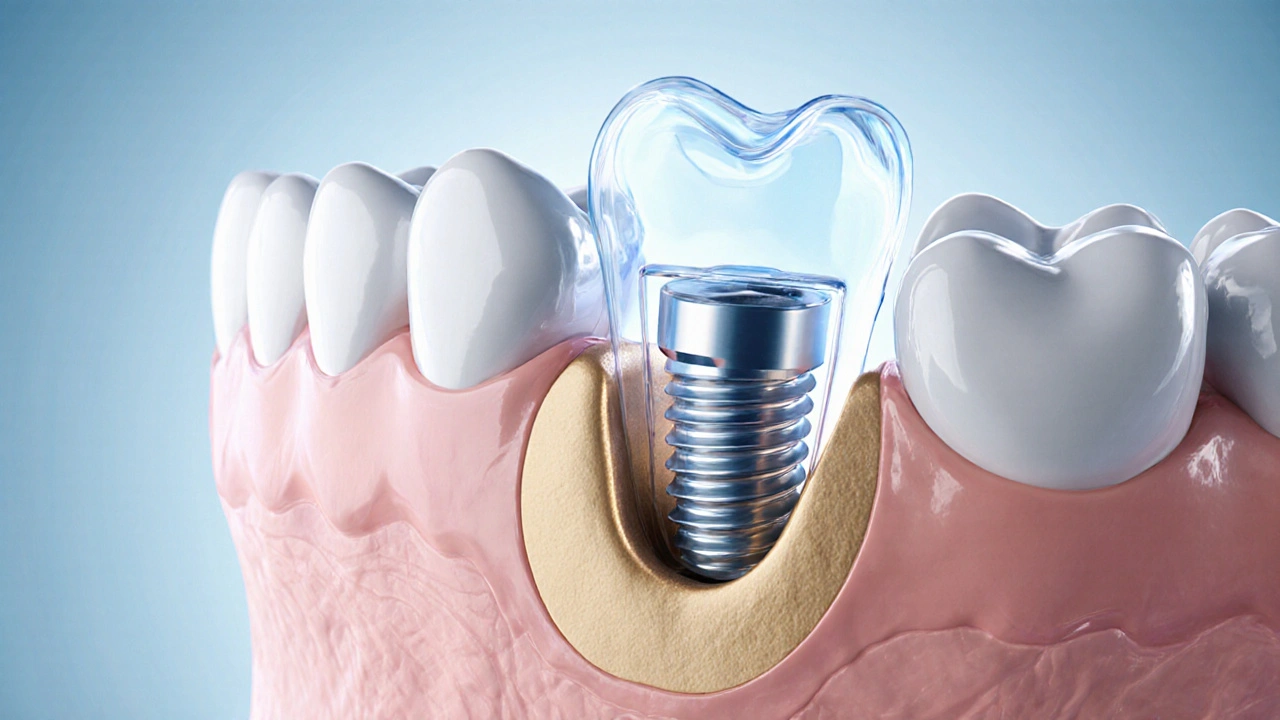 Titanový implantát v čelisti s regenerující kostí kolem něj.