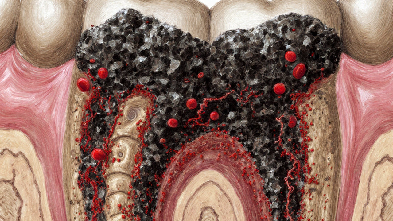 Vizuální znázornění bakteriálního biofilmu měnícího se v kamenitý plak, který ničí kost pod dásní.