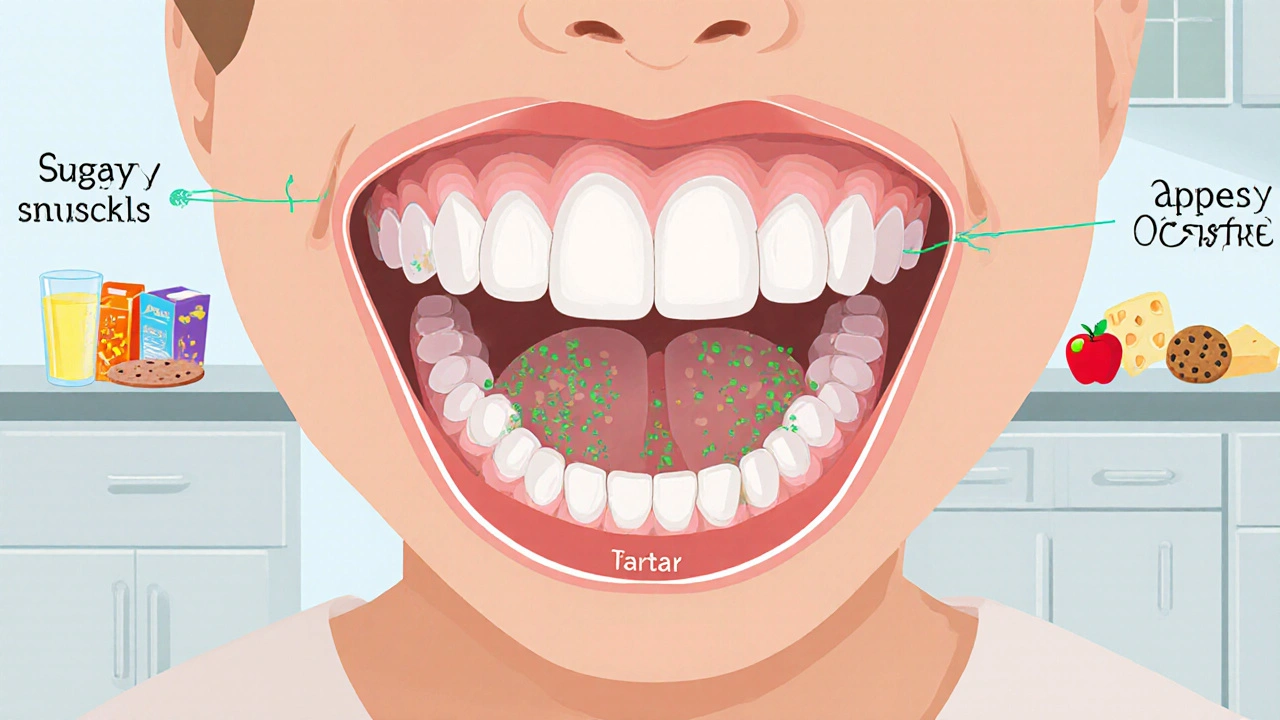 Vnitřní pohled na dětské zuby s nánosy plaku a kamenem u dolních řezáků a molárů, s výměnou sladkých jídel za zdravé volby.