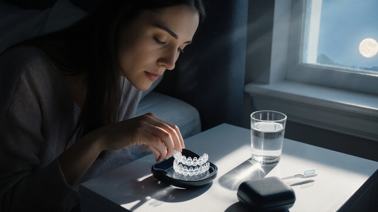 Žena ukládá průhledná rovnátka do příslušenství na nočním stolku ve tmě.