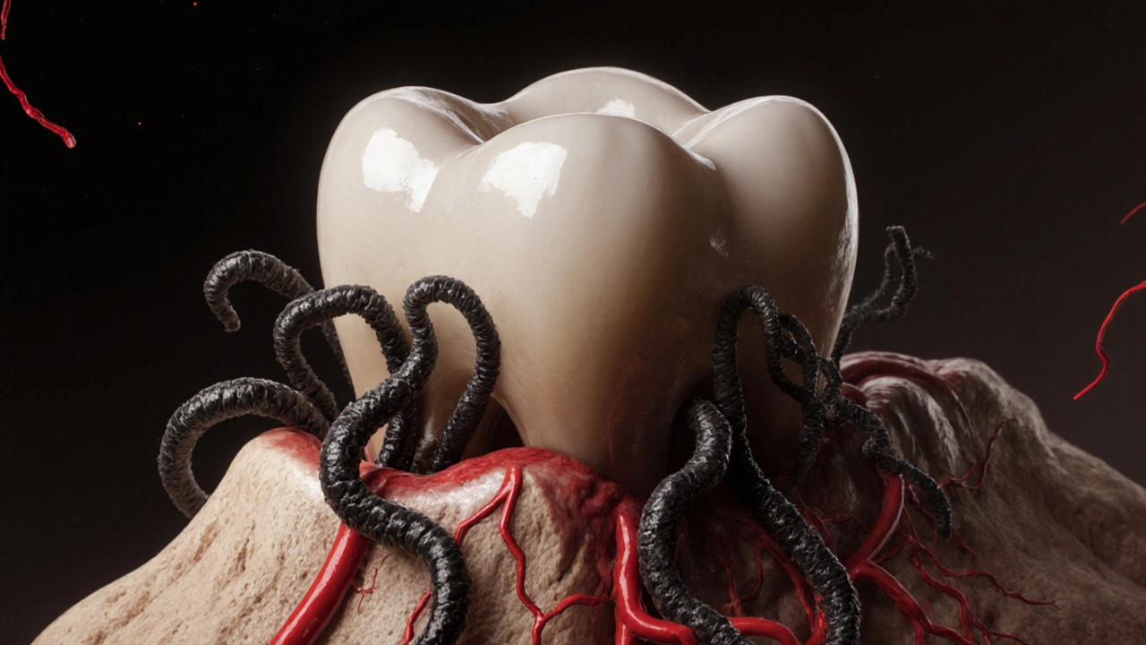 Zub se odpojuje od čelisti, zatímco bakterie pronikají do kosti a krve.